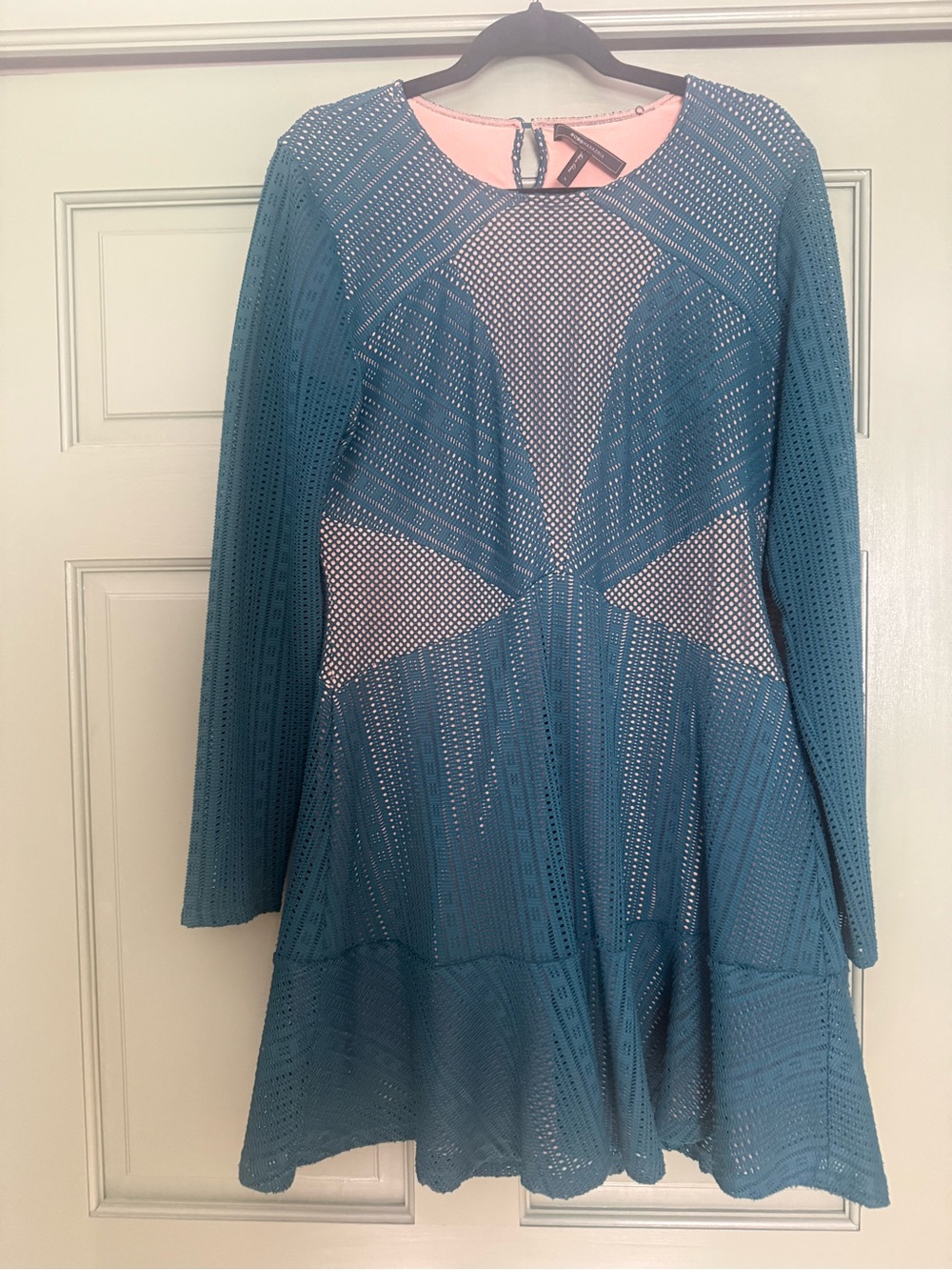 BCBGMaxAzria Teal Long-Sleeve Crochet Fit & Flare Dress